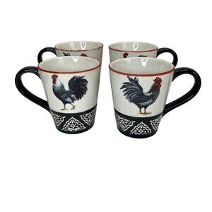 Cracker Barrel Rooster Coffee Mugs Set of 4 Black White Red Trim Ceramic